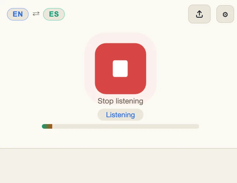 The translator listening: a red stop button and the level meter under it