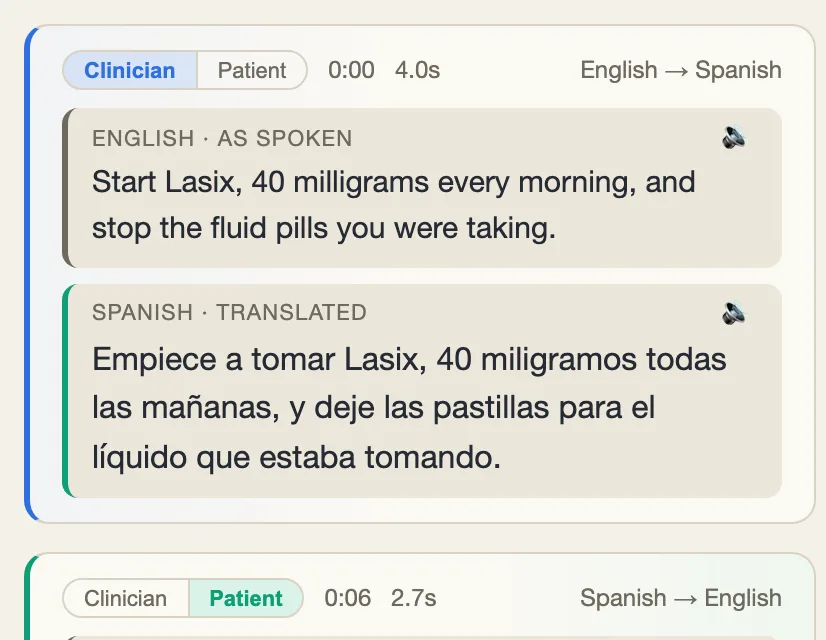 A turn from the clinician in English with its Spanish translation under it