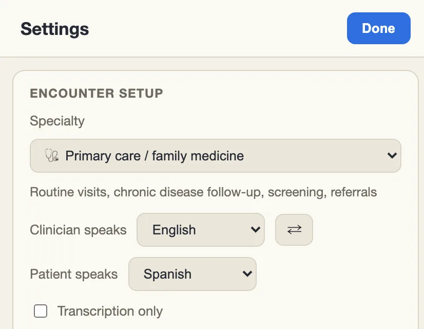 The Settings page, with English for the clinician and Spanish for the patient