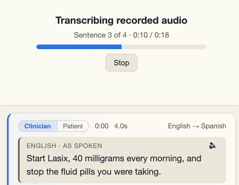 A recording being transcribed: a progress bar, then each turn with its time, who spoke, and the translation