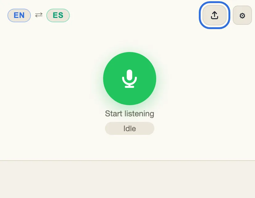 The menu bar, with the upload icon outlined next to Settings